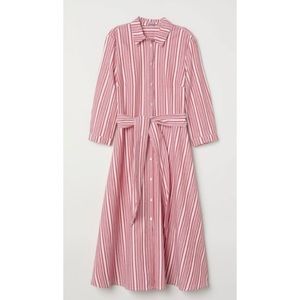 H&M red and white striped midi button front shirt dress